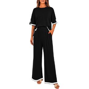 MASCOMODA Womens Summer 2 Piece Outfits Crewneck Short Sleeve Tops Wide Leg Long Pants Matching Lounge Sets Tracksuit