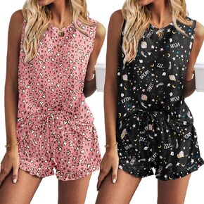 Ekouaer 2 Pack Women’s Pajama Set Print Sleepwear Tank Tops and Ruffled Shorts with Pockets Loungewear Outfits S-XXL