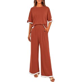 MASCOMODA Womens Summer 2 Piece Outfits Crewneck Short Sleeve Tops Wide Leg Long Pants Matching Lounge Sets Tracksuit