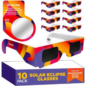 Solar Eclipse Glasses AAS Approved 2024, (10 Pack) CE and ISO Certified Eclipse Observation Glasses, Safe Shades for Direct Sun Viewing, Bonus Smartphone Photo Filter Lens, Colorful Waves Design