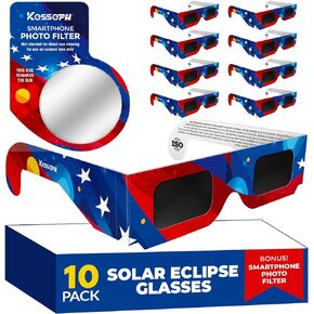 Solar Eclipse Glasses AAS Approved 2024, (10 Pack) CE and ISO Certified Eclipse Observation Glasses, Safe Shades for Direct Sun Viewing, Bonus Smartphone Photo Filter Lens, American Flag Design