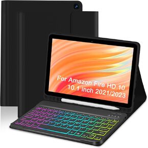 Case with Keyboard for Amazon Kindle Fire HD 10&10 Plus (2021&2023) 10.1 inch,7 Color Rainbow Backlit Detachable Keyboard Magnetic Case with Pen Slot for HD 10 11th/13th Gen-Black