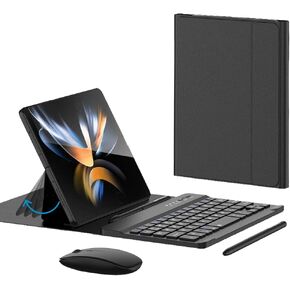 Voppton for Samsung Galaxy Z Fold 6 5 4 Keyboard and Mouse, Portable Magnetic Bluetooth Keyboard with Leather Case and Capacitive Pen, Wireless Keyboard Case for Google Pixel Fold,Black
