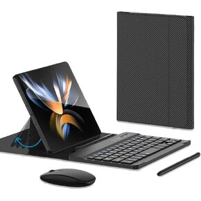 Voppton for Samsung Galaxy Z Fold 6 5 4 Keyboard and Mouse, Portable Magnetic Bluetooth Keyboard with Leather Case and Capacitive Pen, Wireless Keyboard Case for Google Pixel Fold,Black