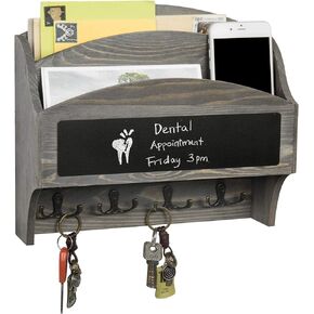 MyGift 2-Compartment Vintage Gray Wood Wall Mounted Entryway Mail Organizer Letter Sorter with Chalkboard Label Surface and 4 Double Key Hooks