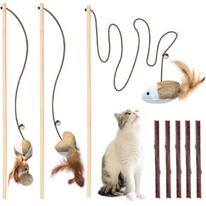 3 PCS Cat Wand Toys, 16 Inch Natural Wooden Cat Teaser Wand Toys with 5 PCS Silvervine Sticks for Cat, Interactive Cat Feather Wand Toy for Indoor Cats, Elastic String Cat Pole Toy with Bell, Feather