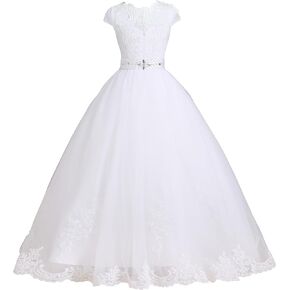 FUSLW Tulle Lace Flower Girl Dress Pageant Maxi Dresses for Girls Ball Gown Floor-Length with Sash, Beading, Back Hole