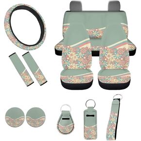 PZZ BEACH Highland Scottish Cow Car Seat Cover Set for Women Sunflower Daisy Steering Wheel Cushion Seatbelt Protector Cup Holder Coasters Keychain for SUV Trucks