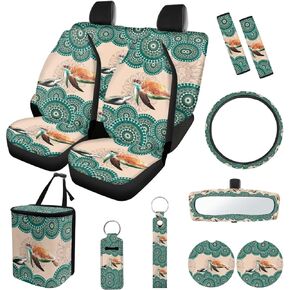 Suobstales Sunflower American Flag Tie Dye Print Car Seat Covers Set of 13 with Universal Steering Wheel Cover, Rearview Mirror Cover, Car Trash Can, Seatbelt Pads, Cup Holder Coasters, Keychains