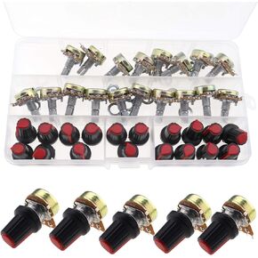 SING F LTD 20 Set of Aluminium Plastic Black Knob Cap B10K 10K Ohm Knurled Shaft Linear Rotary Taper Potentiometer (WH148) Kit