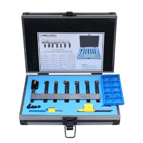 Accusize Industrial Tools 7 Pieces/Set 1/4'' Indexable Carbide Turning Tool Set with 10 Extra Carbide Inserts and 1 pc 6'' Rigid Steel Ruler in Fitted Box