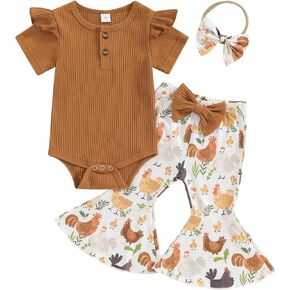Newborn Baby Girl Summer Outfit Farm Chicken Romper Onesie Flare Pants Infant Clothes