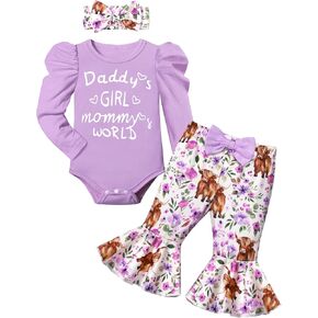 ملابس KANGKANG للأطفال البنات بأكمام منتفخة وطباعة حروف رومبير + سراويل مضيئة على شكل زهور البقرة ملابس على شكل جرس ملابس للأطفال حديثي الولادة in Kuwait