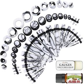 BodyJ4You 48PC Ear Stretching Kit 14G-00G - Aftercare Jojoba Oil Balm Wax - Marble Black White Acrylic Plugs Gauge Tapers Silicone Tunnels - Lightweight Expanders Men Women