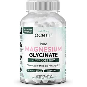 Organics Ocean Magnesium Glycinate with Zinc -Chelated Magnesium Supplement for Women and Men for Muscle Cramps and Sleep Support - 90 Capsules