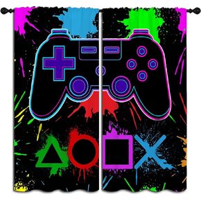 LHROOMJK Gamer Gaming Gamepad Rod Pocket Blackout Curtains for Boy Girl Bedroom, Colorful Splash Art Video Game Controller Light Filtering Window Drapes for Living Room Home Decor Privacy, 42x63 inch