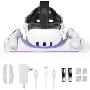 قاعدة شحن Kuject RGB لـ Quest 3، محطة شحن سريعة 30 وات مع مؤشر LED لسماعات الرأس وأجهزة التحكم في الواقع الافتراضي، وملحقات حامل شحن مغناطيسي مع بطاريات قابلة لإعادة الشحن وشاحن USB-C in Kuwait