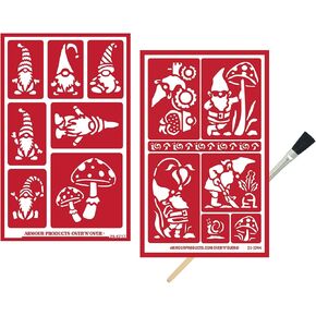 2 Glass Etching Stencils - Decorative Gnome Stencil Template - Reusable Stencils for Glass Etching, Home Decor, DIY Crafts, Window, Door - Self Stick Stencils Set with Brush
