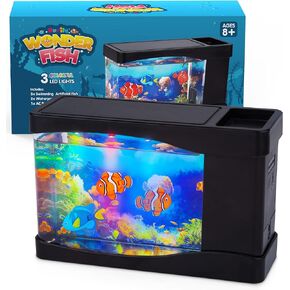 Artificial Fish Tank Virtual Ocean Toy in Motion Lamp - Mini Office Desk Aquarium 3 Colorful LED Lights, Colorful Aquarium Backgrounds - 3 Artificial Fish, Bubbles Tank with Moving Fish, Gift for Kids