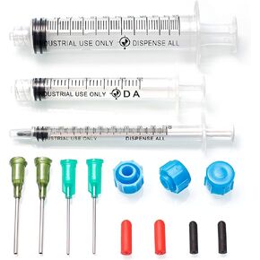 K1-3PK All-Purpose Industrial Syringe Kit - 1ml/3ml/10ml with 1" 14+18 Gauge Dispensing Tips, Syringe Caps and Tip Covers
