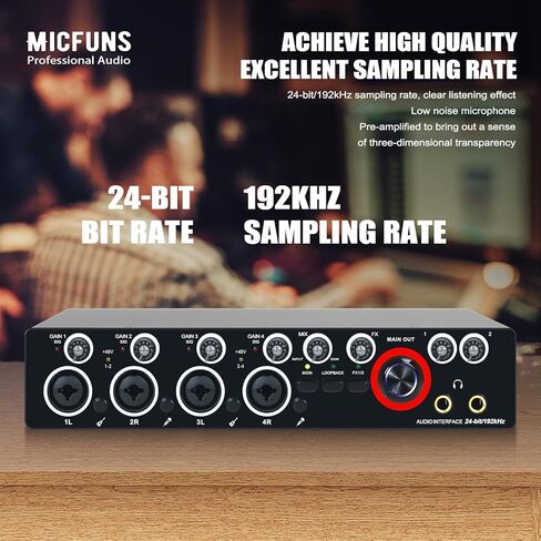 واجهة صوت Micfuns MA01 2-in/4-out USB 2.0 مع 4 مضخمات ميكروفون مع طاقة فانتوم 48 فولت - 24 بت/ 192 كيلو هرتز لتسجيل الموسيقى بالكمبيوتر in Kuwait