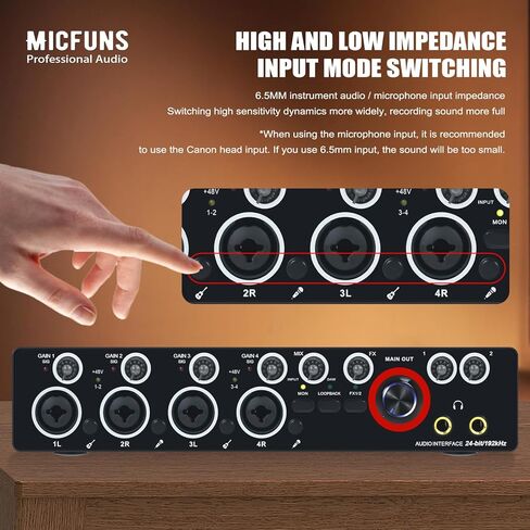 واجهة صوت Micfuns MA01 2-in/4-out USB 2.0 مع 4 مضخمات ميكروفون مع طاقة فانتوم 48 فولت - 24 بت/ 192 كيلو هرتز لتسجيل الموسيقى بالكمبيوتر in Kuwait