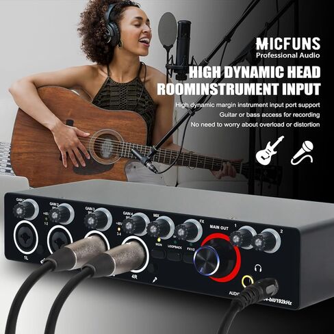 واجهة صوت Micfuns MA01 2-in/4-out USB 2.0 مع 4 مضخمات ميكروفون مع طاقة فانتوم 48 فولت - 24 بت/ 192 كيلو هرتز لتسجيل الموسيقى بالكمبيوتر in Kuwait