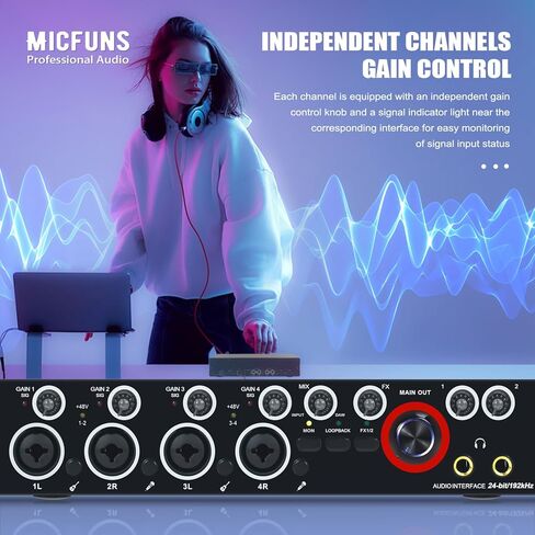 واجهة صوت Micfuns MA01 2-in/4-out USB 2.0 مع 4 مضخمات ميكروفون مع طاقة فانتوم 48 فولت - 24 بت/ 192 كيلو هرتز لتسجيل الموسيقى بالكمبيوتر in Kuwait