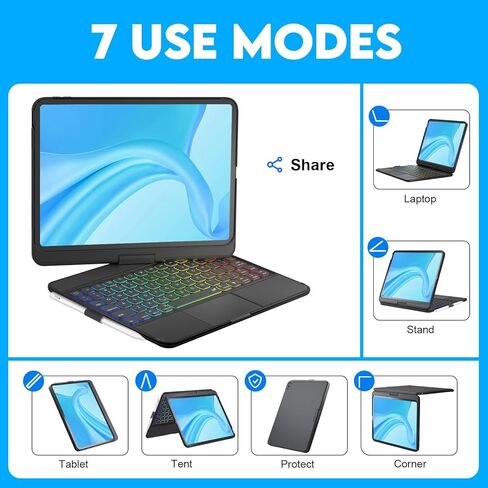حافظة NOKBABO iPad الجيل العاشر مع لوحة مفاتيح، إضاءة خلفية قوس قزح، دوران 360 درجة، لوحة لمس متعددة وحامل أقلام، حافظة لوحة مفاتيح لجهاز iPad الجيل العاشر 10.9 بوصة - أسود in Kuwait