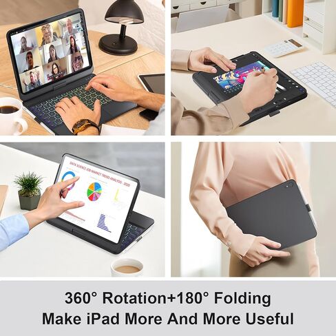 حافظة NOKBABO iPad الجيل العاشر مع لوحة مفاتيح، إضاءة خلفية قوس قزح، دوران 360 درجة، لوحة لمس متعددة وحامل أقلام، حافظة لوحة مفاتيح لجهاز iPad الجيل العاشر 10.9 بوصة - أسود in Kuwait