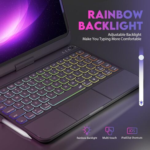 حافظة NOKBABO iPad الجيل العاشر مع لوحة مفاتيح، إضاءة خلفية قوس قزح، دوران 360 درجة، لوحة لمس متعددة وحامل أقلام، حافظة لوحة مفاتيح لجهاز iPad الجيل العاشر 10.9 بوصة - أسود in Kuwait