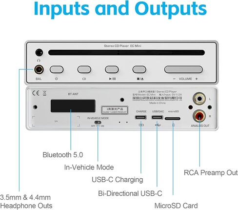 SHANLING مشغل أقراص مضغوطة استريو محمول وDAP EC Mini، مشغل أقراص مضغوطة للسيارة، USB DAC، ثنائي 9219MQ DAC، 384 كيلو هرتز / 32 بت، DSD256، Bluetooth5.0، دعم MQA-CD، إخراج 248 ميجاوات عند 32 أوم، يدعم بطاقة MicroSD سعة 2 تيرابايت (فضي) in Kuwait