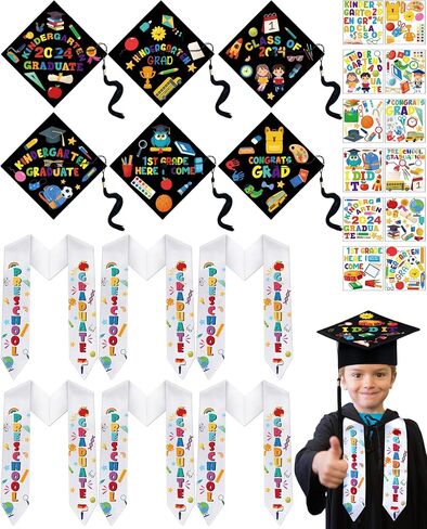 JaGely 24 Pcs Preschool Graduation Caps with Stickers and Printed Graduation Stole Class of 2024 DIY Adjustable Elastic Unisex Graduation Hat with Tassel for Kids Boys Girls Graduation Grad Gift in Saudi Arabia