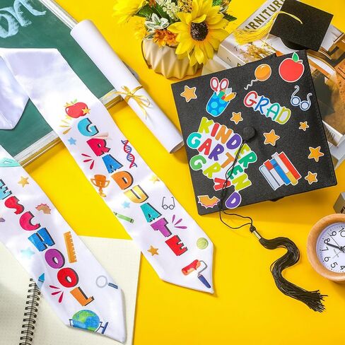 JaGely 24 Pcs Preschool Graduation Caps with Stickers and Printed Graduation Stole Class of 2024 DIY Adjustable Elastic Unisex Graduation Hat with Tassel for Kids Boys Girls Graduation Grad Gift in Saudi Arabia