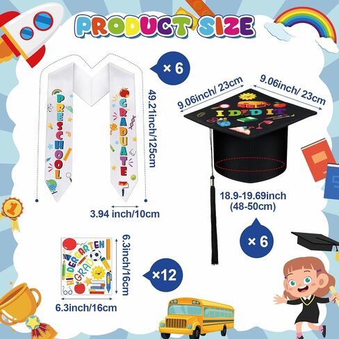 JaGely 24 Pcs Preschool Graduation Caps with Stickers and Printed Graduation Stole Class of 2024 DIY Adjustable Elastic Unisex Graduation Hat with Tassel for Kids Boys Girls Graduation Grad Gift in Saudi Arabia