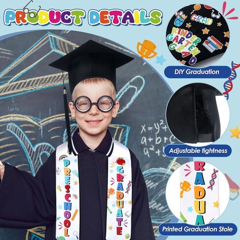 JaGely 24 Pcs Preschool Graduation Caps with Stickers and Printed Graduation Stole Class of 2024 DIY Adjustable Elastic Unisex Graduation Hat with Tassel for Kids Boys Girls Graduation Grad Gift in Saudi Arabia