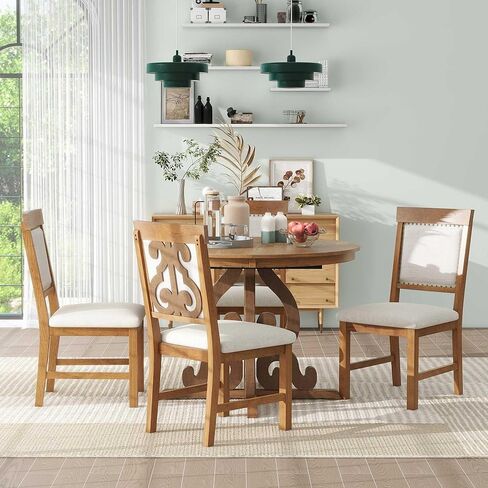 طقم طاولة طعام مستديرة من 5 قطع على الطراز القديم من HAUSHECK لـ 4 أشخاص، سطح طاولة قابل للتمديد قابل للتعديل مع 16 ورقة وأربعة كراسي منجدة لأثاث المطبخ، زاوية الإفطار، خشب الجوز in Kuwait