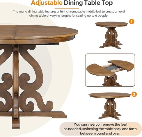 طقم طاولة طعام مستديرة من 5 قطع على الطراز القديم من HAUSHECK لـ 4 أشخاص، سطح طاولة قابل للتمديد قابل للتعديل مع 16 ورقة وأربعة كراسي منجدة لأثاث المطبخ، زاوية الإفطار، خشب الجوز in Kuwait