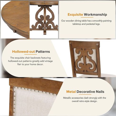 طقم طاولة طعام مستديرة من 5 قطع على الطراز القديم من HAUSHECK لـ 4 أشخاص، سطح طاولة قابل للتمديد قابل للتعديل مع 16 ورقة وأربعة كراسي منجدة لأثاث المطبخ، زاوية الإفطار، خشب الجوز in Kuwait