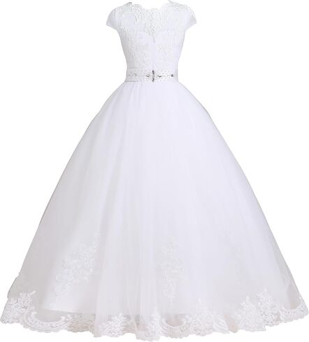 FUSLW Tulle Lace Flower Girl Dress Pageant Maxi Dresses for Girls Ball Gown Floor-Length with Sash, Beading, Back Hole in Saudi Arabia