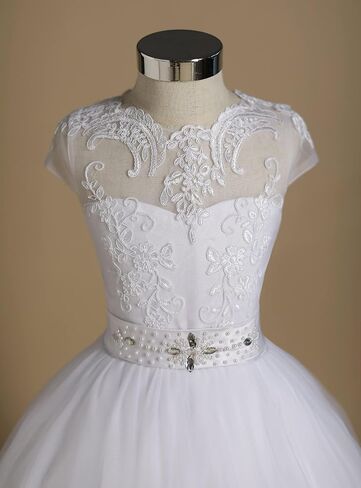FUSLW Tulle Lace Flower Girl Dress Pageant Maxi Dresses for Girls Ball Gown Floor-Length with Sash, Beading, Back Hole in Saudi Arabia
