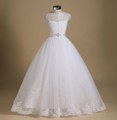 FUSLW Tulle Lace Flower Girl Dress Pageant Maxi Dresses for Girls Ball Gown Floor-Length with Sash, Beading, Back Hole in Saudi Arabia