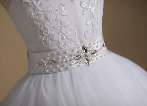 FUSLW Tulle Lace Flower Girl Dress Pageant Maxi Dresses for Girls Ball Gown Floor-Length with Sash, Beading, Back Hole in Saudi Arabia