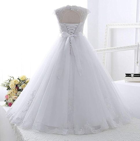 FUSLW Tulle Lace Flower Girl Dress Pageant Maxi Dresses for Girls Ball Gown Floor-Length with Sash, Beading, Back Hole in Saudi Arabia