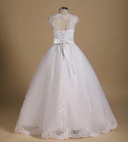 FUSLW Tulle Lace Flower Girl Dress Pageant Maxi Dresses for Girls Ball Gown Floor-Length with Sash, Beading, Back Hole in Saudi Arabia