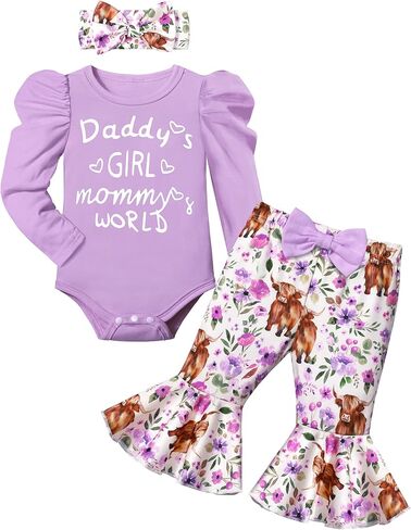 ملابس KANGKANG للأطفال البنات بأكمام منتفخة وطباعة حروف رومبير + سراويل مضيئة على شكل زهور البقرة ملابس على شكل جرس ملابس للأطفال حديثي الولادة in Kuwait