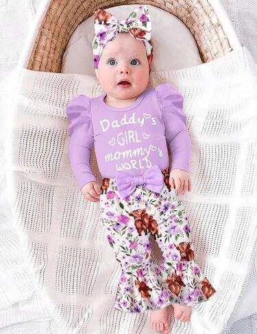 ملابس KANGKANG للأطفال البنات بأكمام منتفخة وطباعة حروف رومبير + سراويل مضيئة على شكل زهور البقرة ملابس على شكل جرس ملابس للأطفال حديثي الولادة in Kuwait