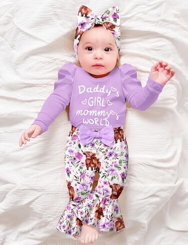 ملابس KANGKANG للأطفال البنات بأكمام منتفخة وطباعة حروف رومبير + سراويل مضيئة على شكل زهور البقرة ملابس على شكل جرس ملابس للأطفال حديثي الولادة in Kuwait