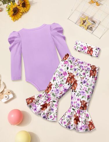 ملابس KANGKANG للأطفال البنات بأكمام منتفخة وطباعة حروف رومبير + سراويل مضيئة على شكل زهور البقرة ملابس على شكل جرس ملابس للأطفال حديثي الولادة in Kuwait