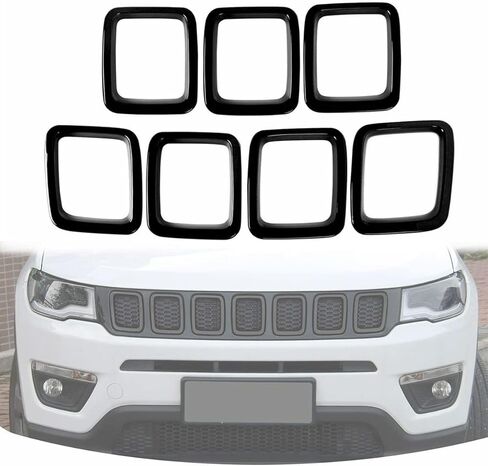 Mactoom Grille Inserts غطاء الشواية متوافق مع Jeep Compass 2017-2021 غطاء الشواية الأمامية حلقات إطار الزخارف طقم 7 قطع (أسود لامع) in Kuwait